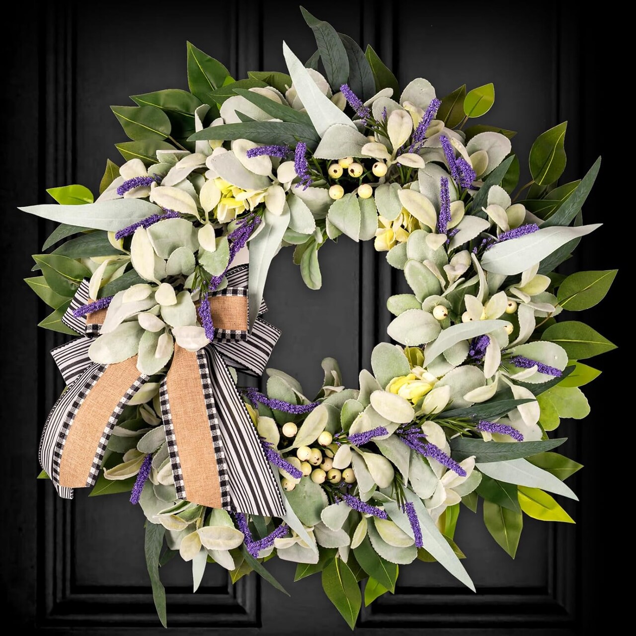 Lambs Ear Wreath for Front Door 20” – All Season Handmade Farmhouse Green Wreath with Lavender Bow, Spring Summer Porch Wall Hanging Home Decor
